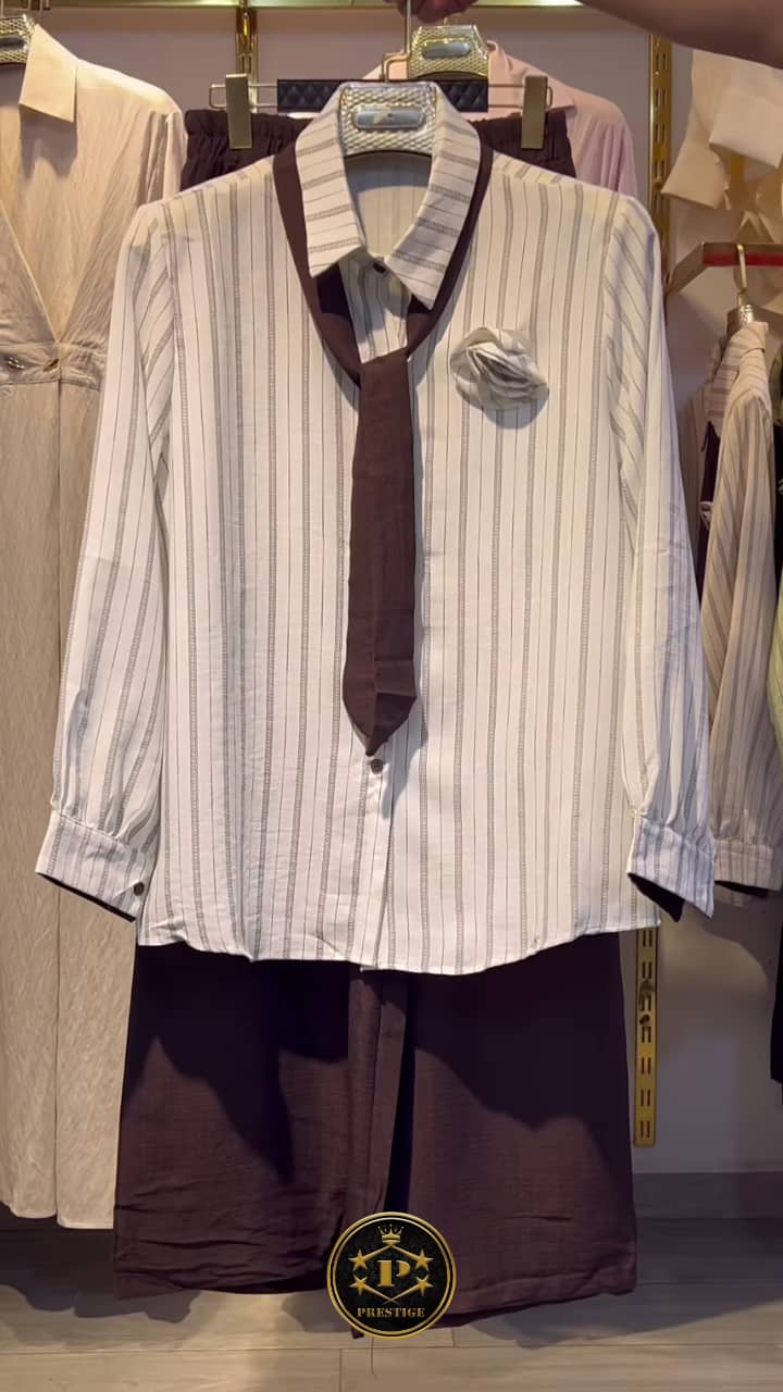 Ensemble 2 Pièces Chemise Rayée avec Cravate & Jupe-Culotte — Lin Top Qualité