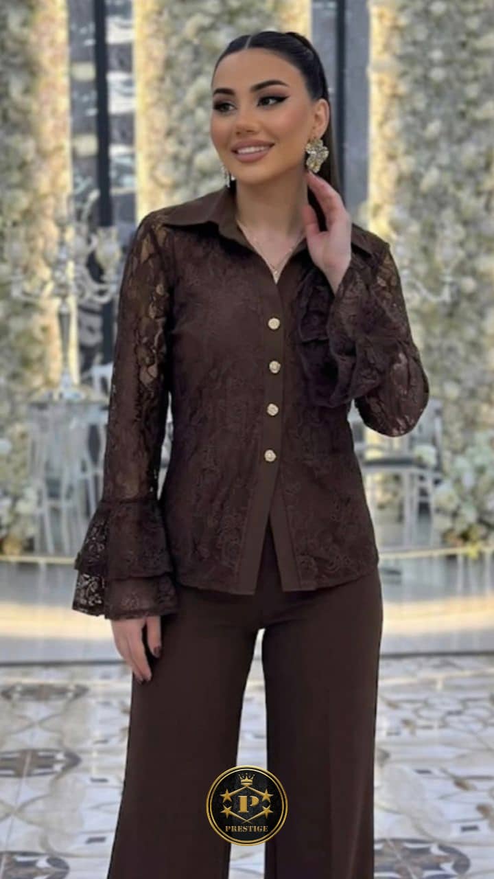 Ensemble 2 Pièces Chemise Dentelle Jacquard & Pantalon Large