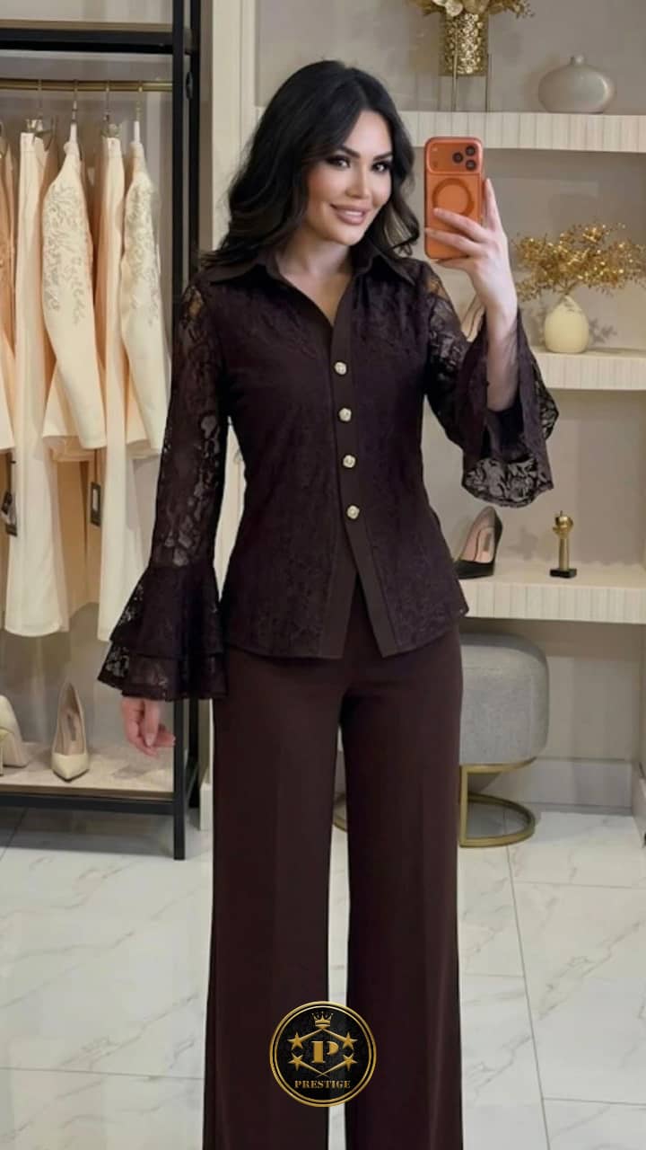 Ensemble 2 Pièces Chemise Dentelle Jacquard & Pantalon Large