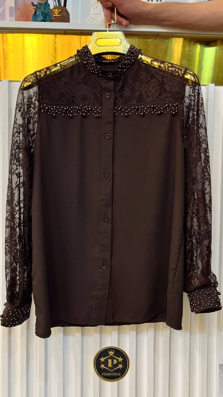 Chemise Dentelle & Perles — Col Montant