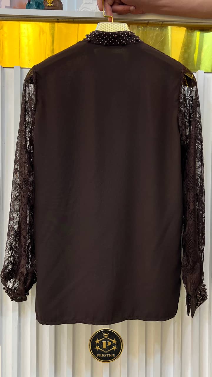 Chemise Dentelle & Perles — Col Montant