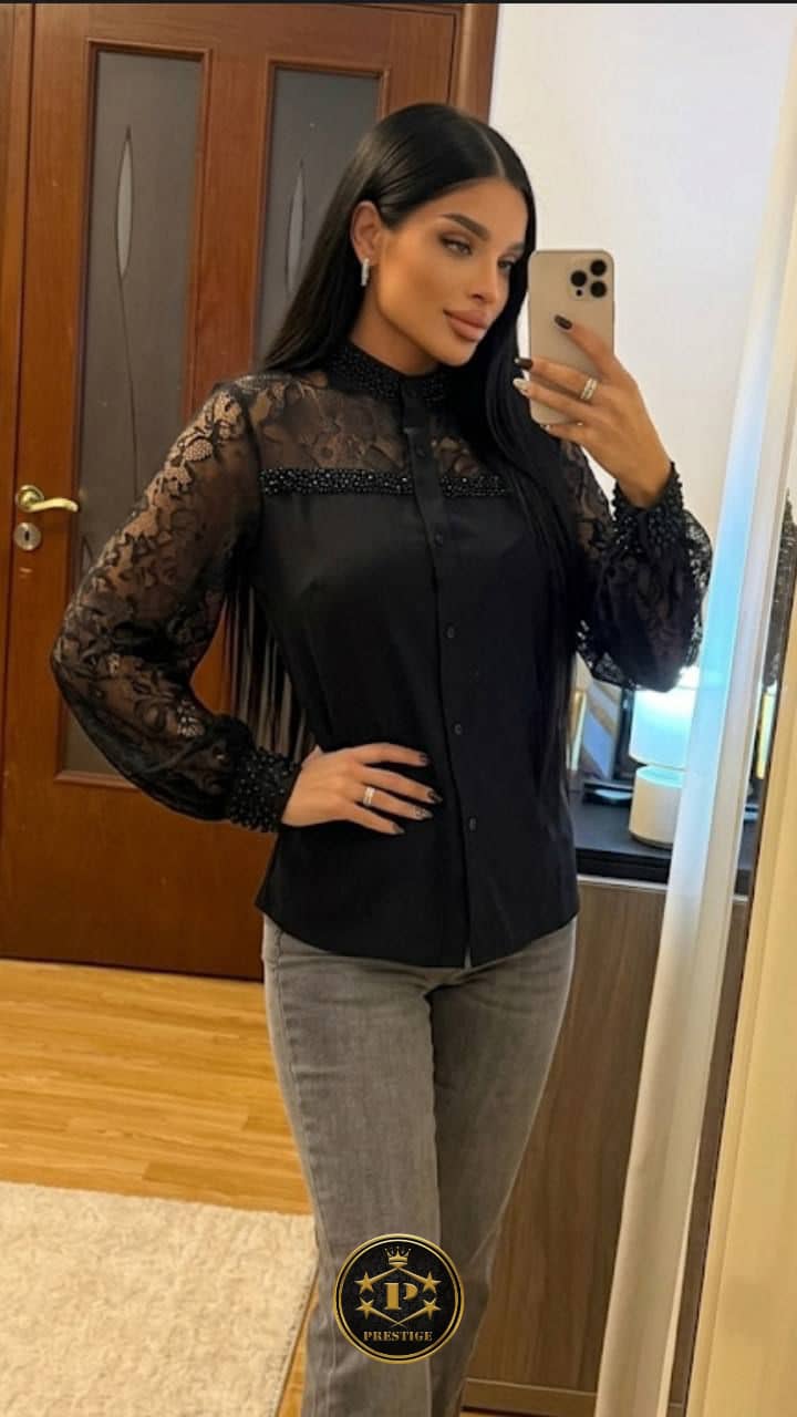 Chemise Dentelle & Perles — Col Montant