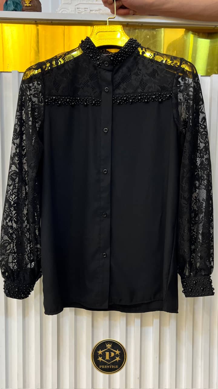 Chemise Dentelle & Perles — Col Montant