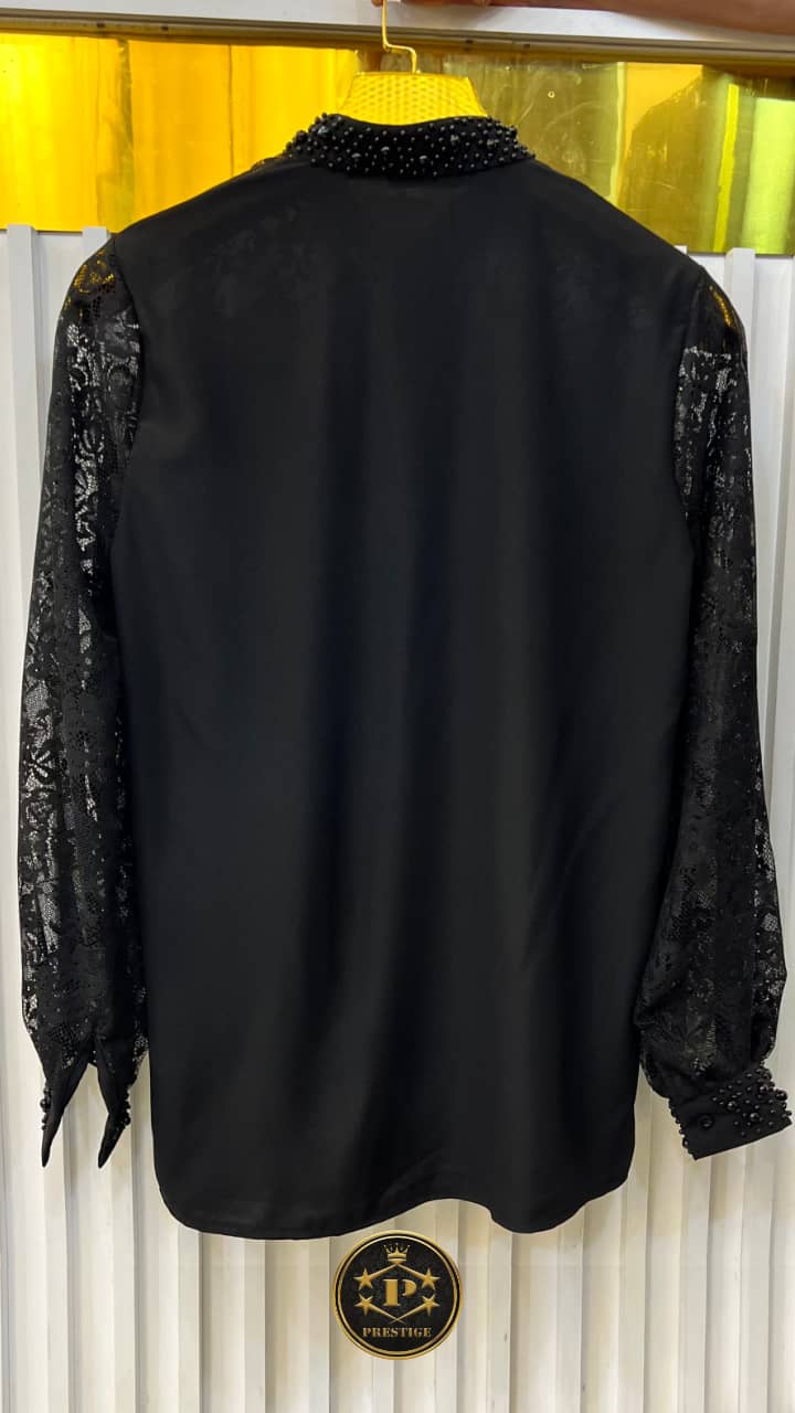 Chemise Dentelle & Perles — Col Montant