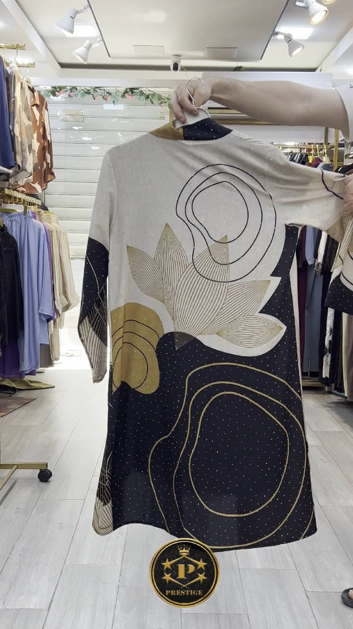 Abaya 2 Pièces Imprimée Floral Abstrait Noir & Doré
