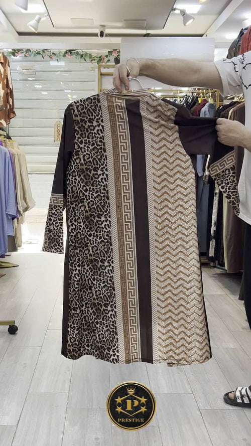 Abaya 2 Pièces Imprimée Léopard & Motifs Géométriques